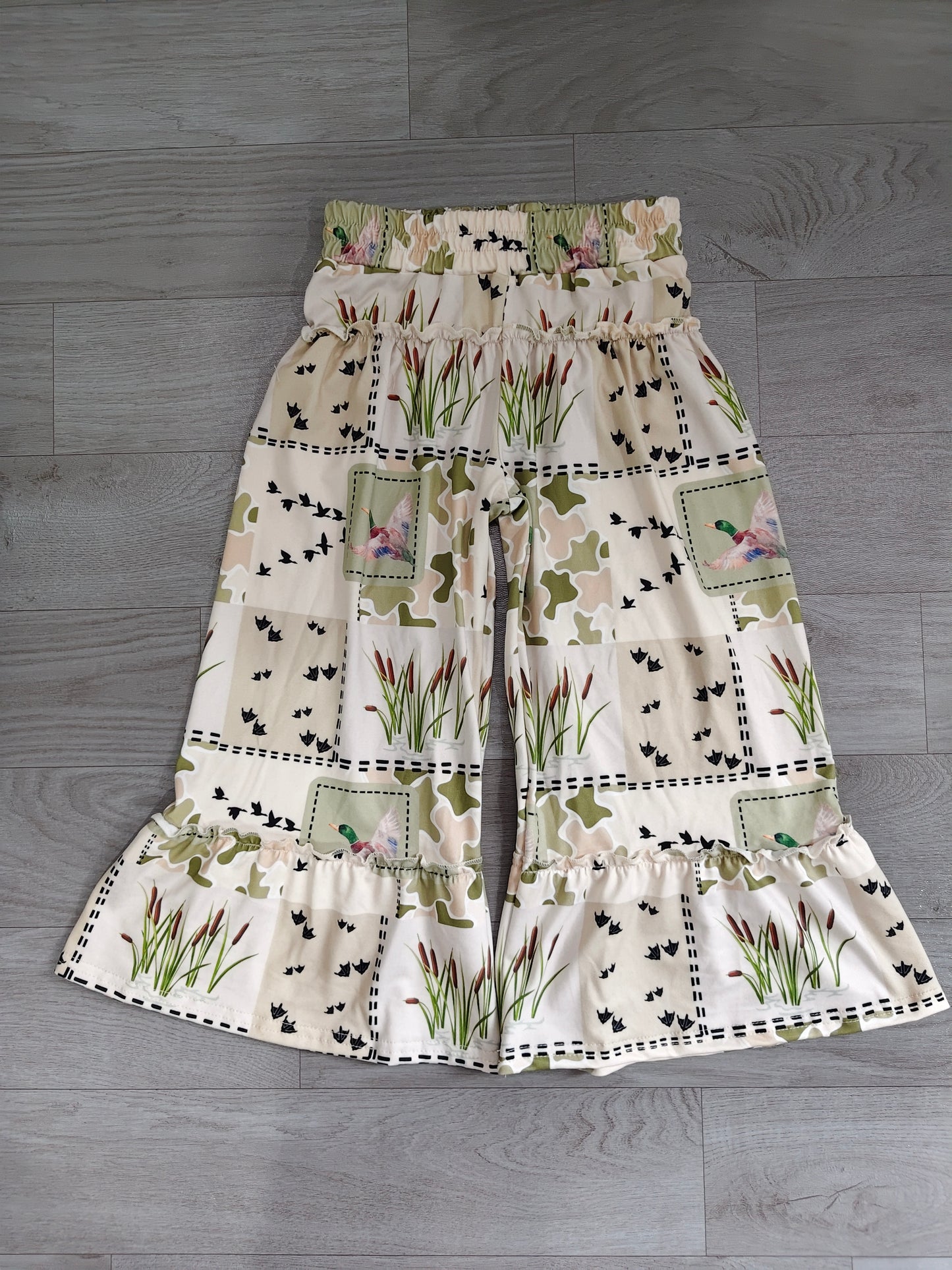 Baby Girls Green Camo Ducks Checked Hunting Bell Bottom Pants Preorder