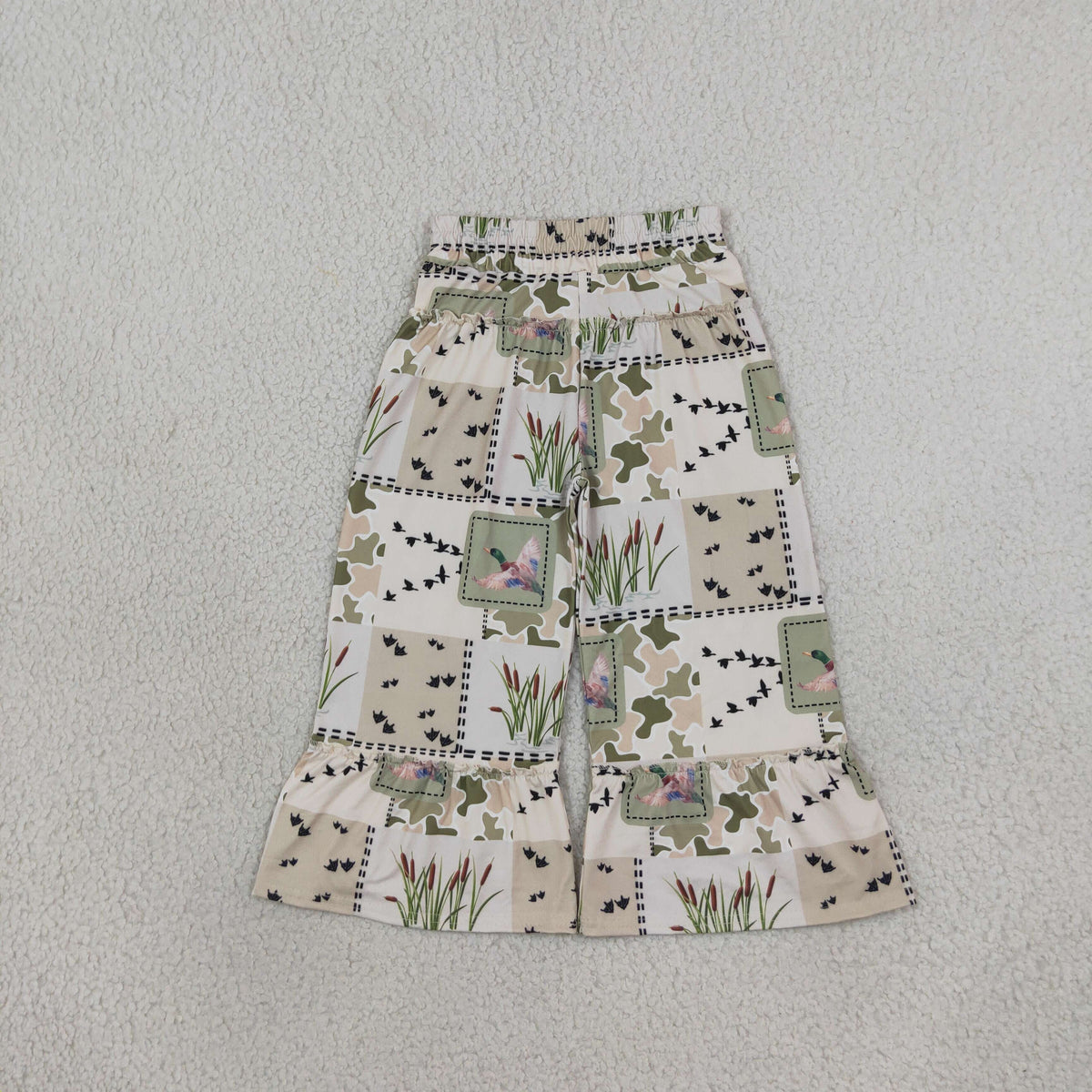 Baby Girls Green Camo Checked Ducks Hunting Ruffle Flare Pants Bottom