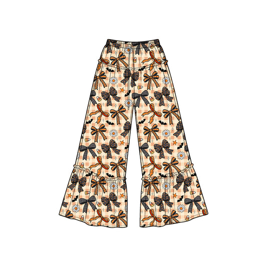 Preorder moq 5 Baby Girls Black Orange Bows Bats Checked Halloween Bell Bottom Pants