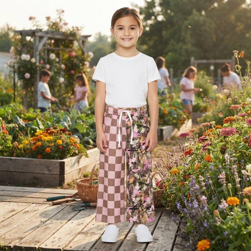 Baby Girls Pink Checked Leaves Pockets Flare Pants Bottom