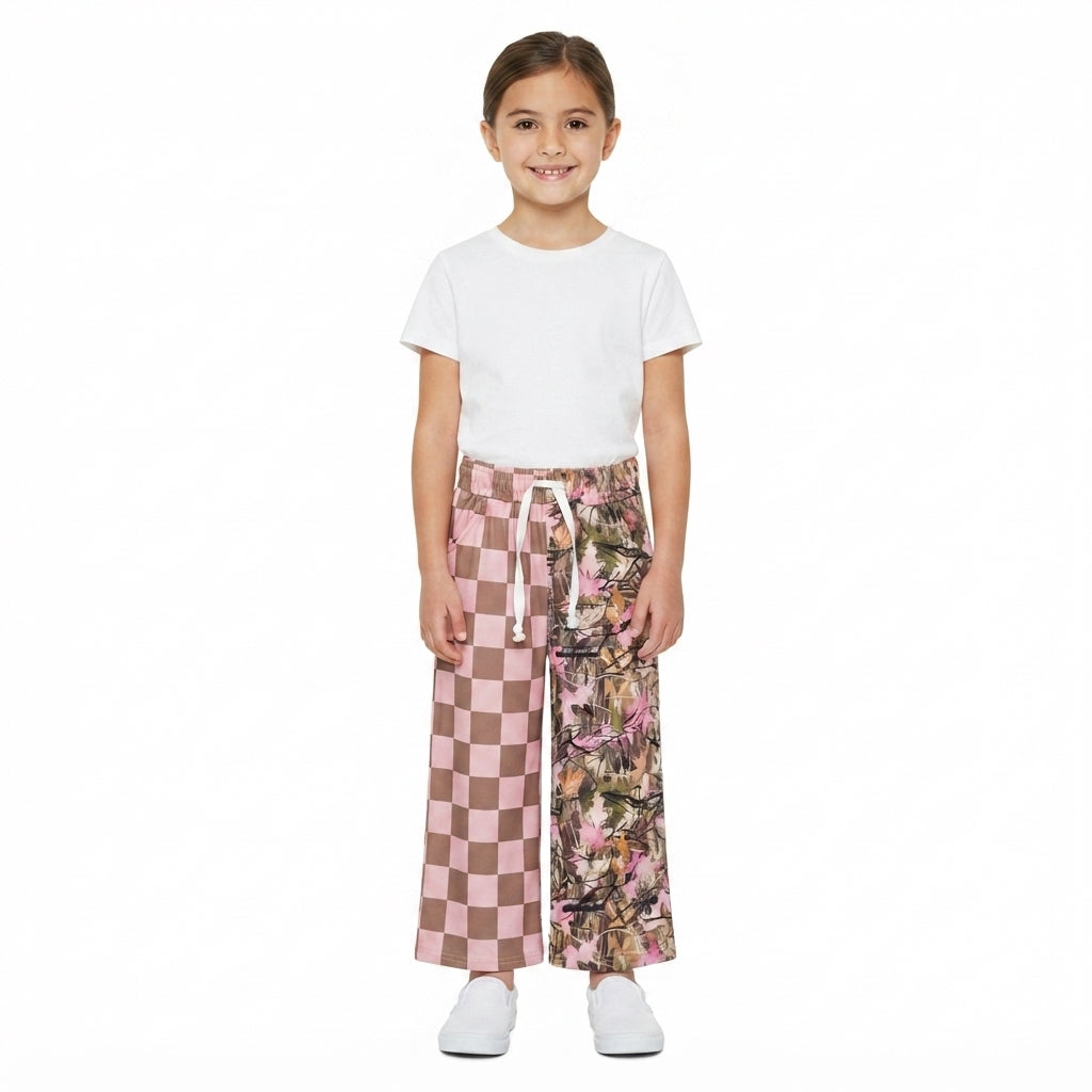 Baby Girls Pink Checked Leaves Pockets Flare Pants Bottom
