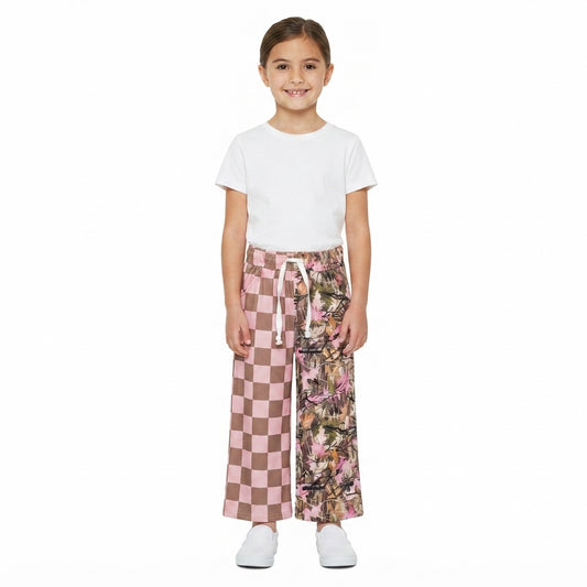 Baby Girls Pink Checked Leaves Pockets Flare Pants Bottom