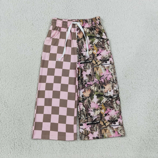 Baby Girls Pink Checked Leaves Pockets Flare Pants Bottom
