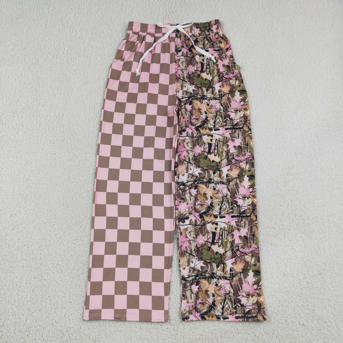 Mama and Me Girls Pink Checked Leaves Camo Pockets Flare Pants Bottom