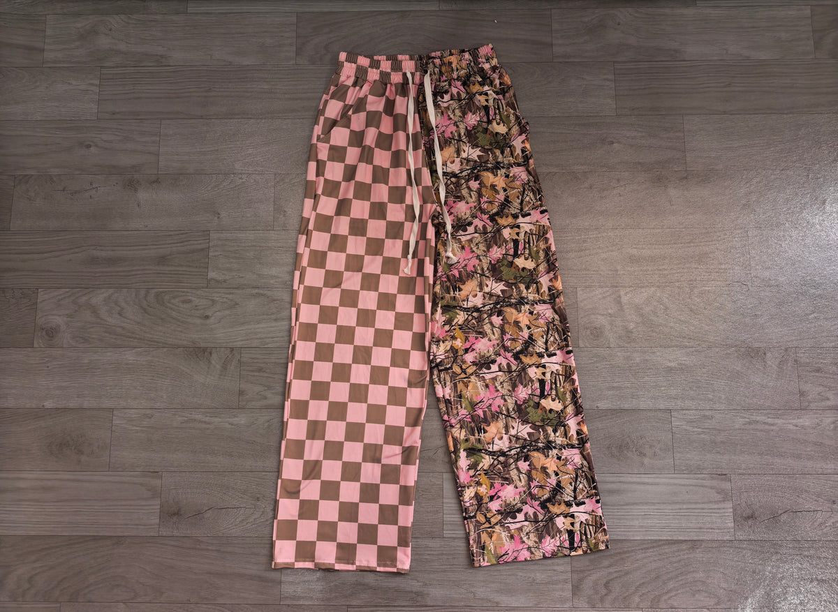Adult Women Pink Checked Leaves Camo Flare Pants Bottom