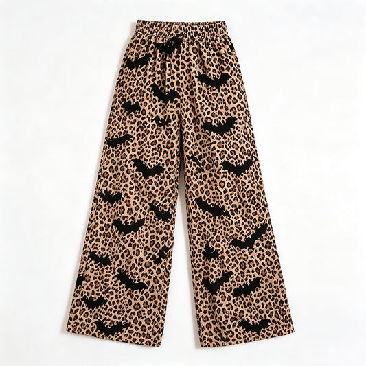 Preorder moq 5 Adult Women Bats Leopard Halloween Pockets Straight Pants Bottom