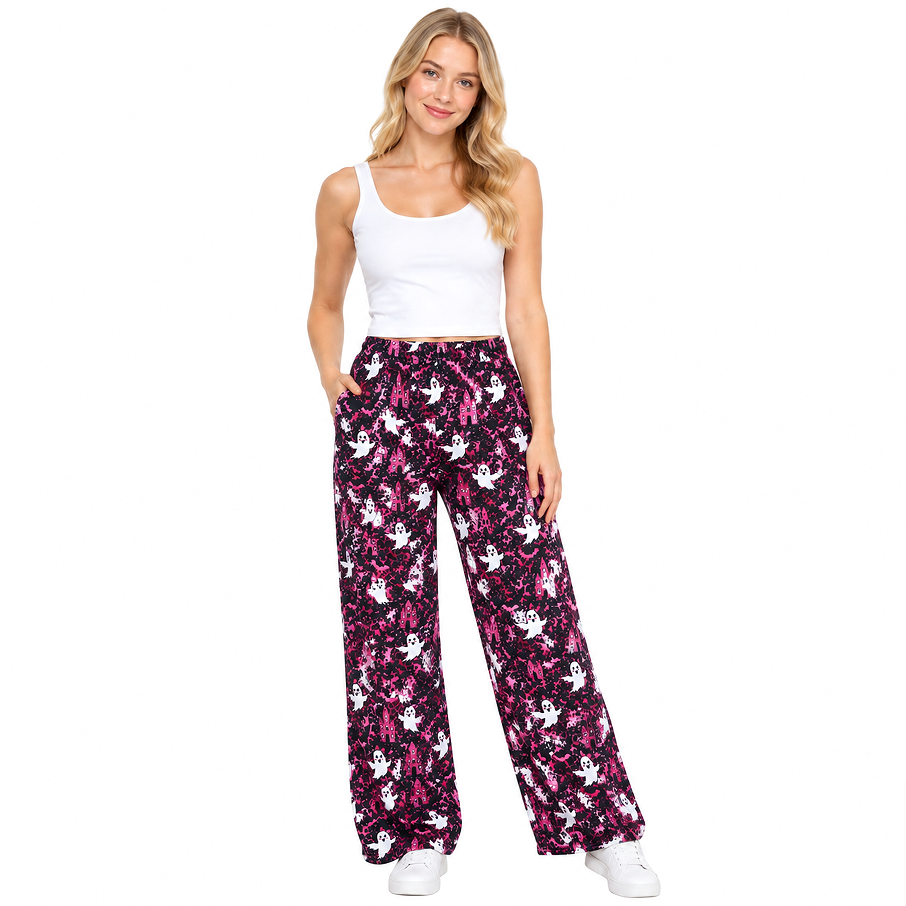 Adult Women Ghost Castles Leopard Halloween Pockets Flare Pants Bottom