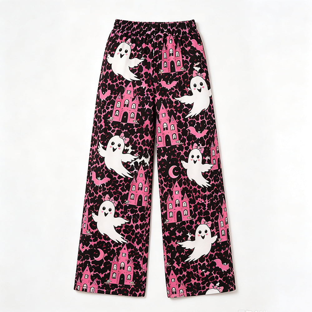 Preorder moq 5 Adult Women Ghost Castles Leopard Halloween Pockets Straight Pants Bottom