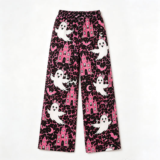 Preorder moq 5 Adult Women Ghost Castles Leopard Halloween Pockets Straight Pants Bottom
