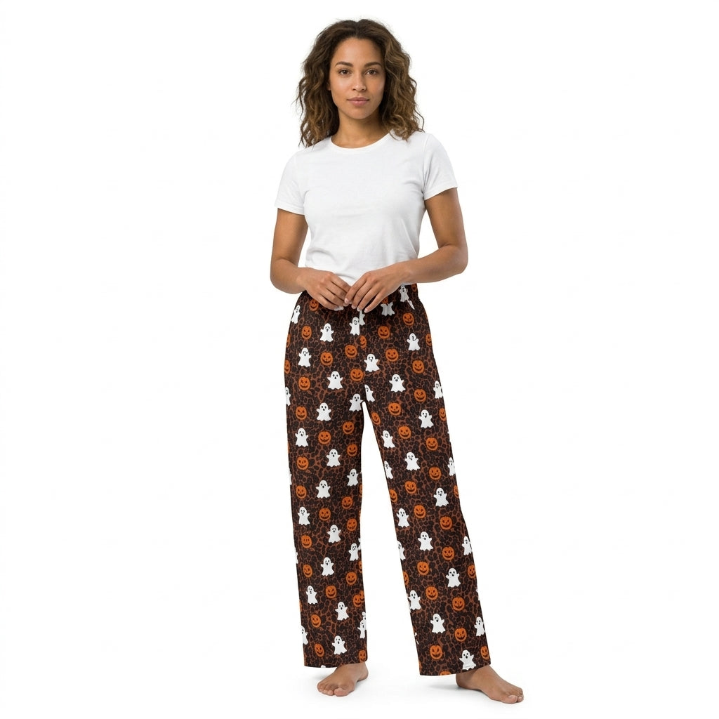 Adult Women Ghost Pumpkins Leopard Halloween Pockets Flare Pants Bottom