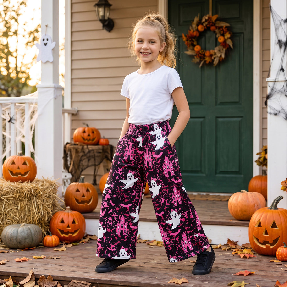 Baby Girls Ghosts Castles Bats Halloween Pockets Flare Pants Bottom