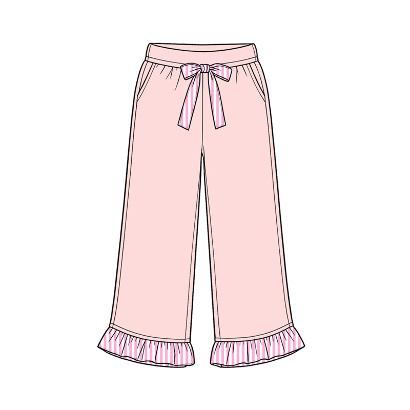 Preorder moq 5 Baby Girls Light Pink Stripe Bows Pockets Ruffle Pants Bottom
