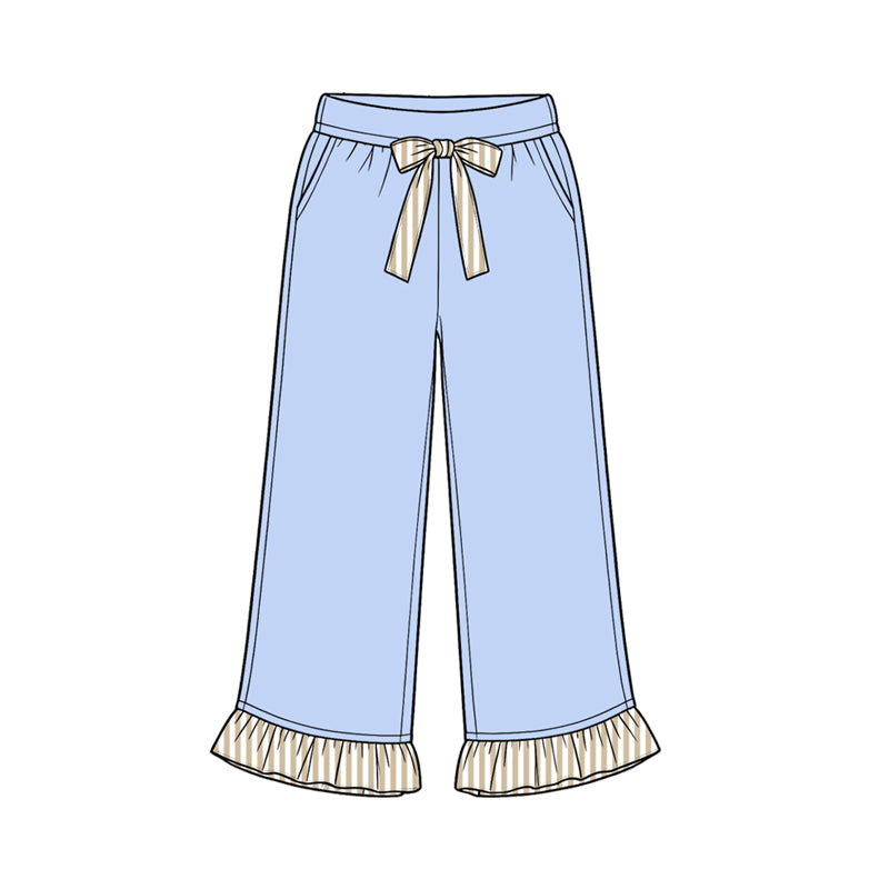Preorder moq 5 Baby Girls Blue Stripe Bows Pockets Ruffle Pants Bottom