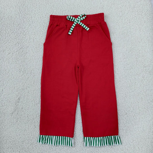 Baby Girls Red Green Stripe Bow Pockets Ruffle Pants Bottom