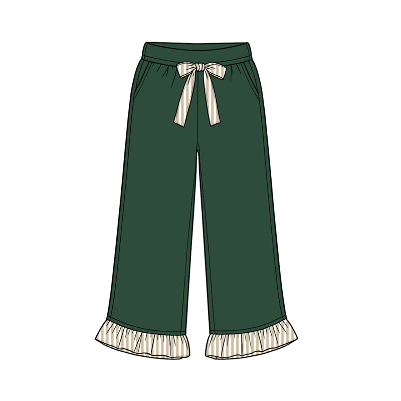Preorder moq 5 Baby Girls Green Stripe Bows Pockets Ruffle Pants Bottom