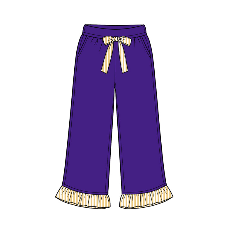 Preorder moq 5 Baby Girls Purple Stripe Bows Pockets Ruffle Pants Bottom