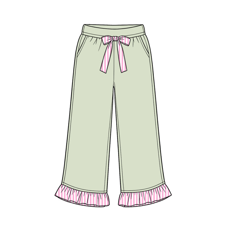 Preorder moq 5 Baby Girls Light Green Stripe Bows Pockets Ruffle Pants Bottom