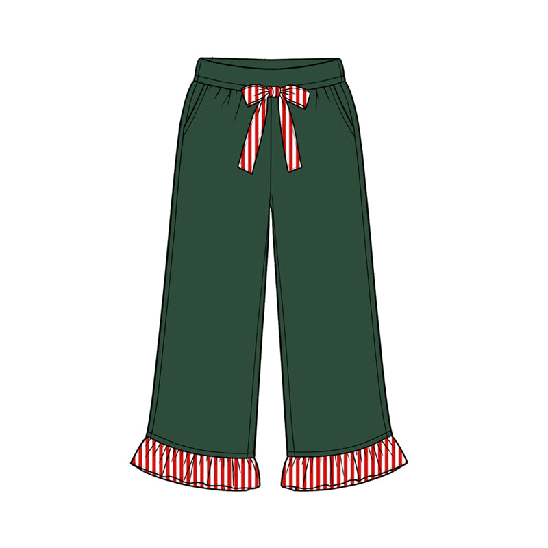 Preorder moq 5 Baby Girls Green Red Stripe Bows Pockets Ruffle Pants Bottom