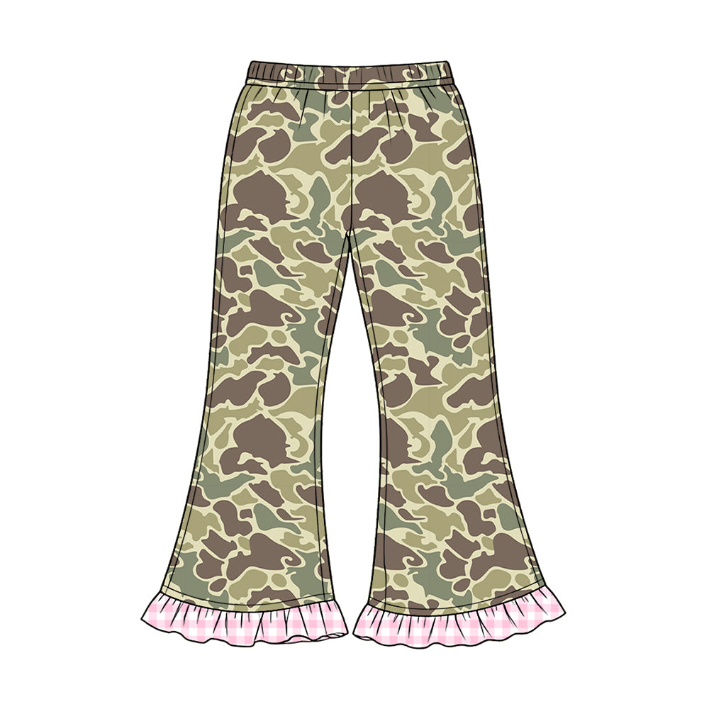 Preorder moq 5 Baby Girls Southern Khaki Camo Ruffle Flare Pants Bottom