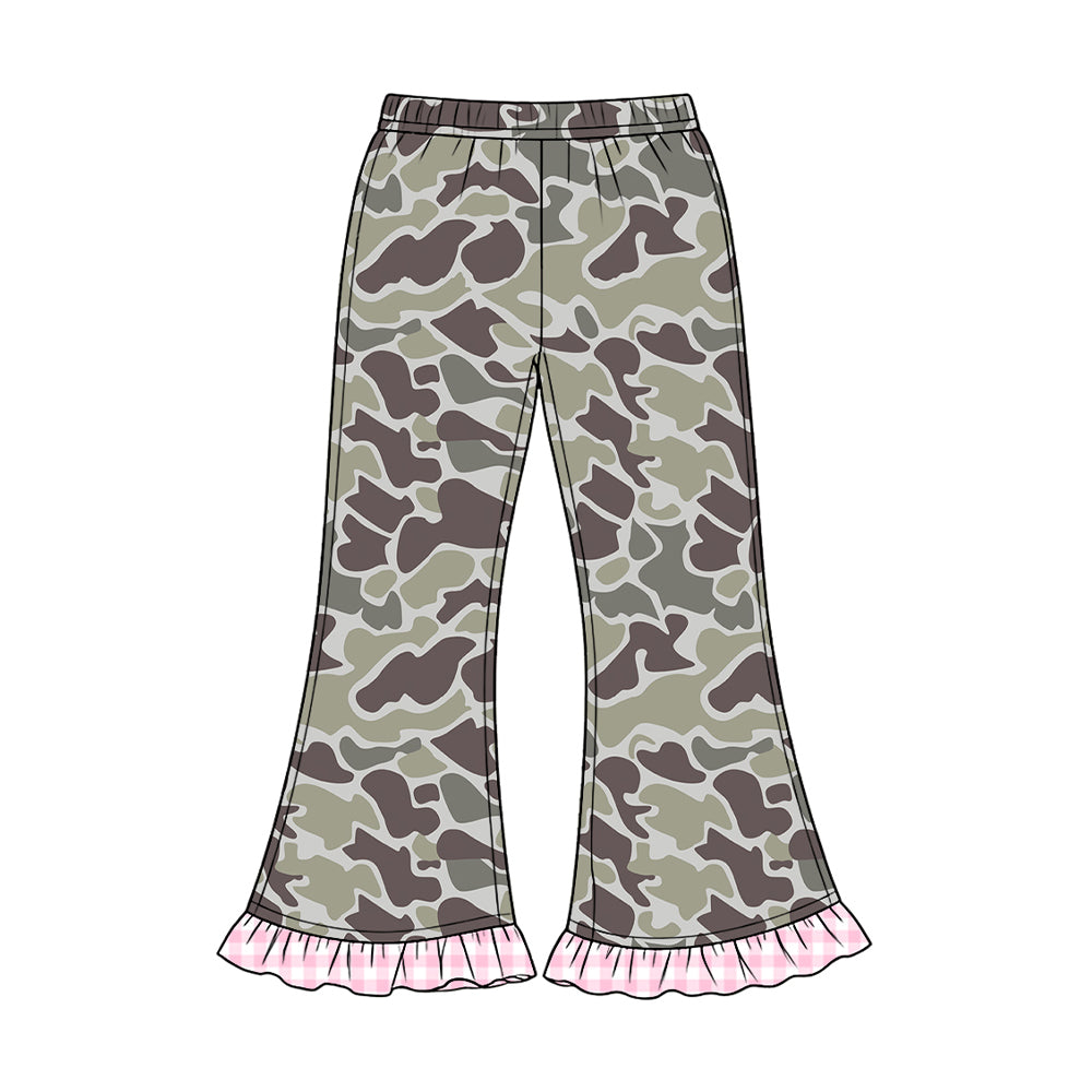 Preorder moq 5 Baby Girls Southern Grey Camo Ruffle Flare Pants Bottom