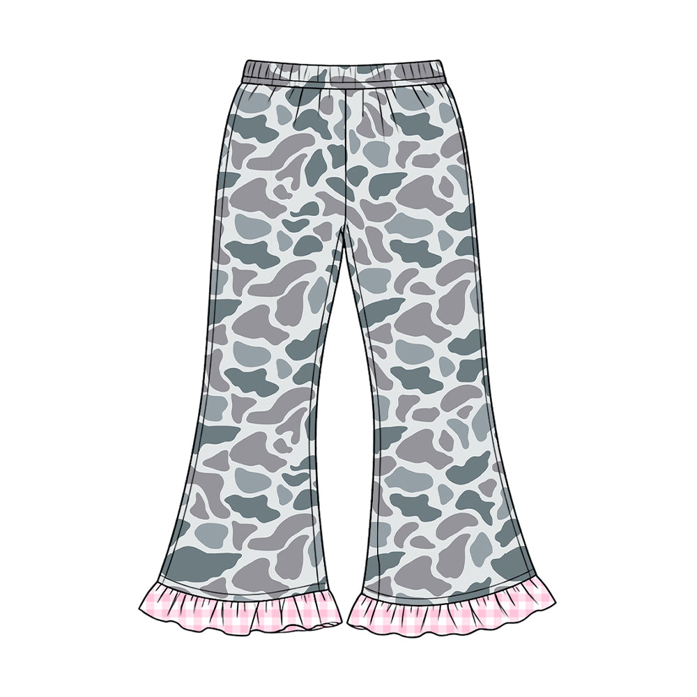 Preorder moq 5 Baby Girls Southern Light Grey Camo Ruffle Flare Pants Bottom