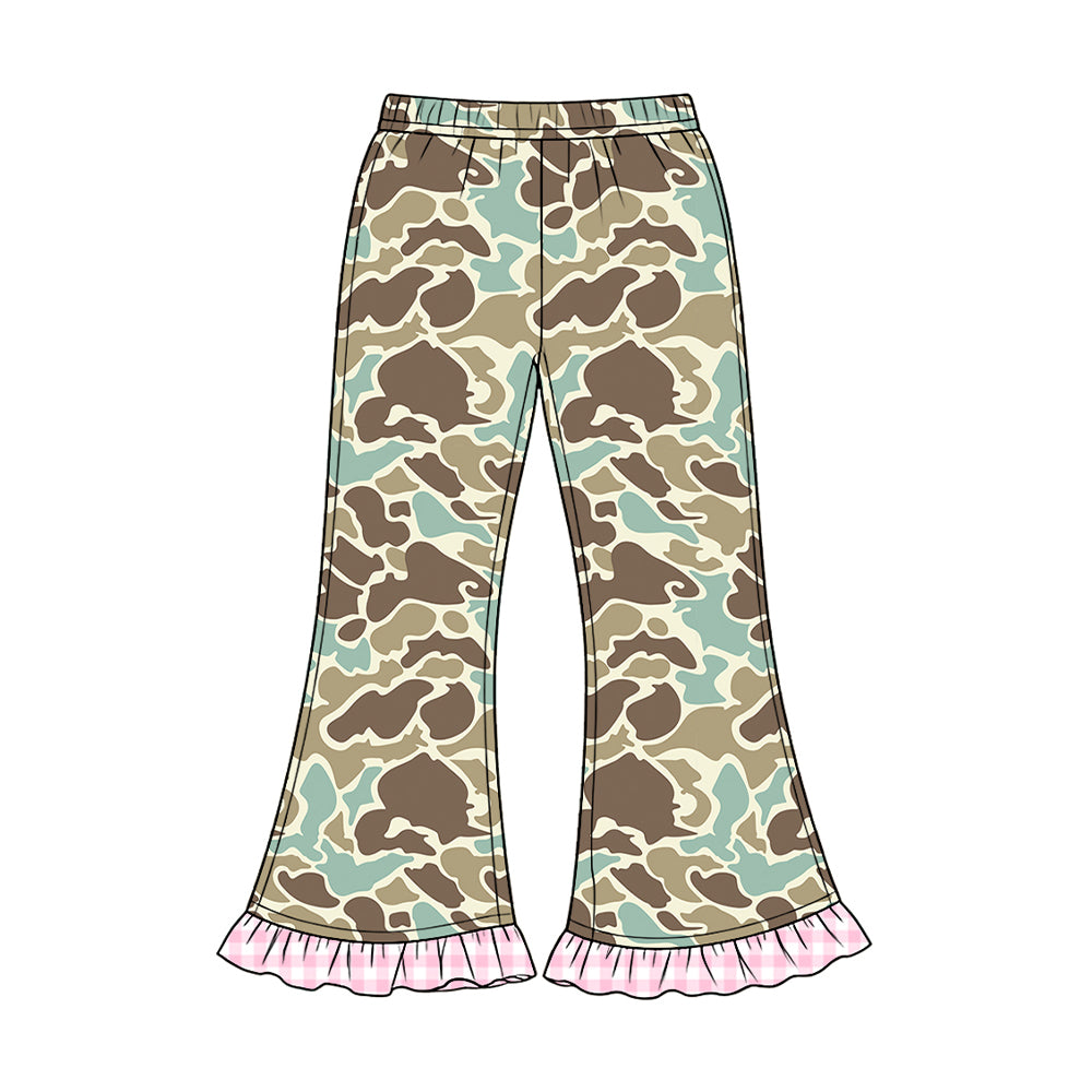 Preorder moq 5 Baby Girls Southern Green Camo Ruffle Flare Pants Bottom