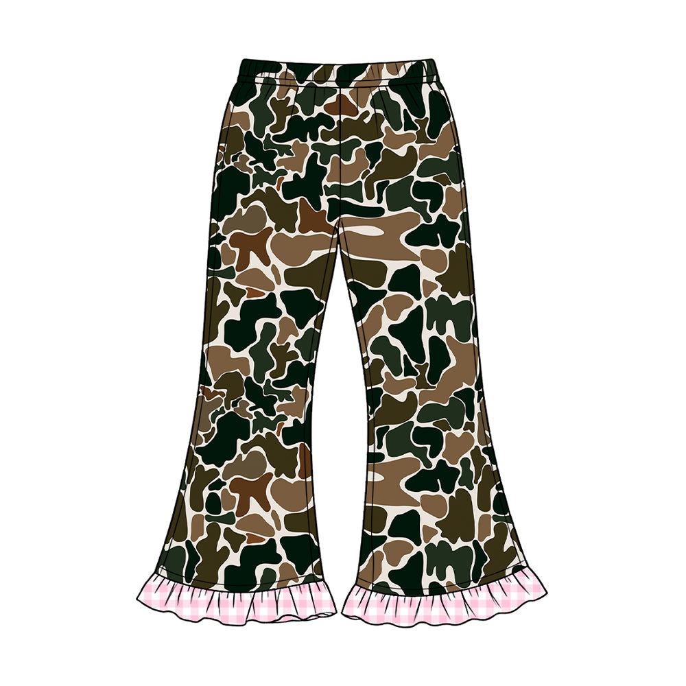Preorder moq 5 Baby Girls Southern Dark Brown Camo Ruffle Flare Pants Bottom