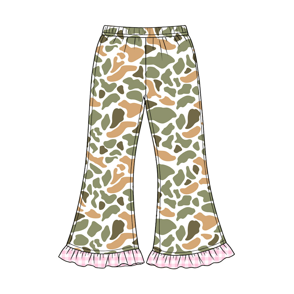 Preorder moq 5 Baby Girls Southern Yellow Camo Ruffle Flare Pants Bottom