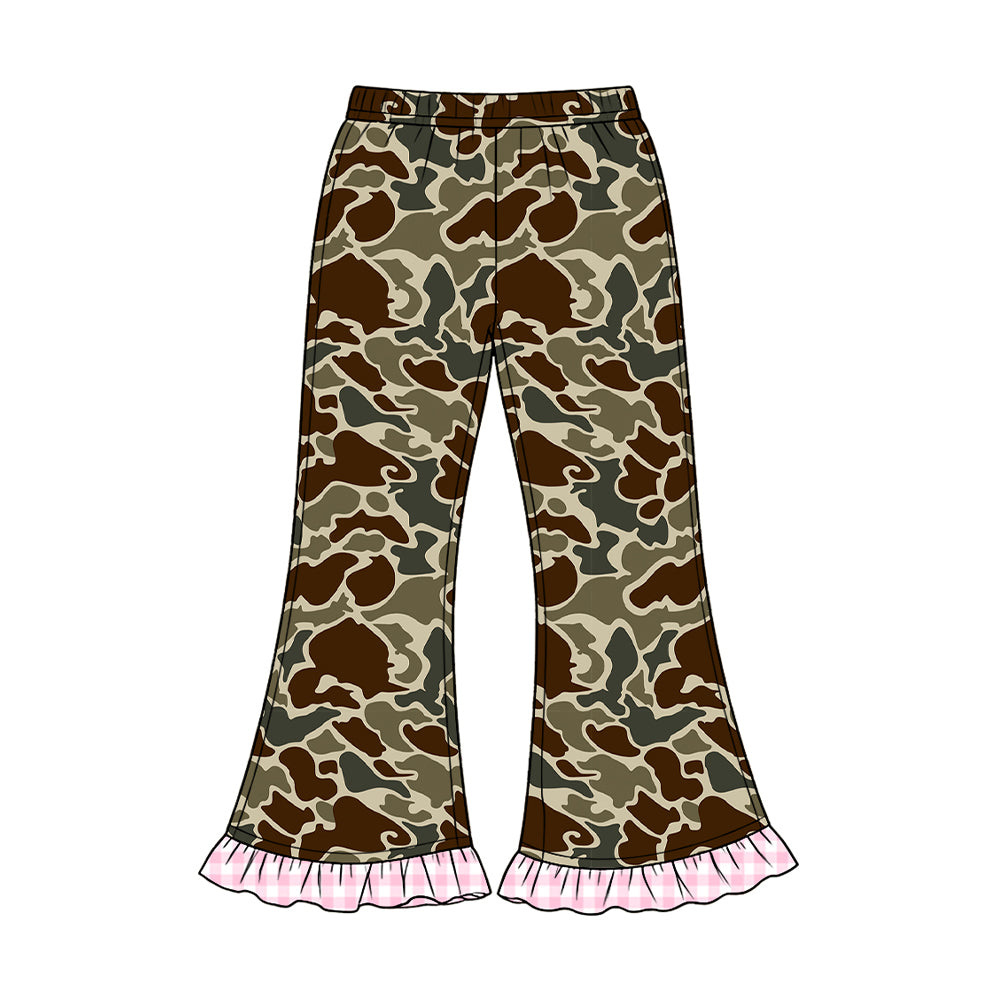 Preorder moq 5 Baby Girls Southern Dark Khaki Camo Ruffle Flare Pants Bottom