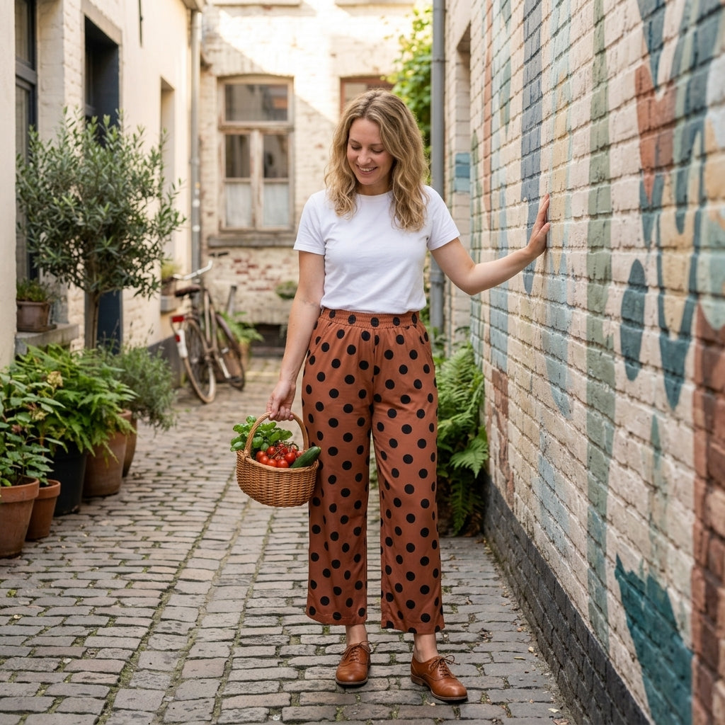 Adult Women Brown Polka Dots Pockets Flare Pants Bottom