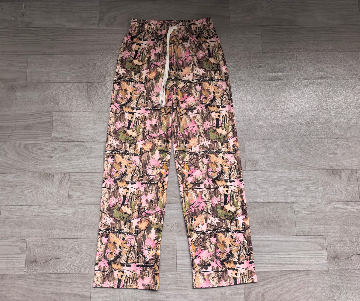 Adult Women Pink Brown Leaves Camo Yoga Active Flare Pants Bottom Preorder