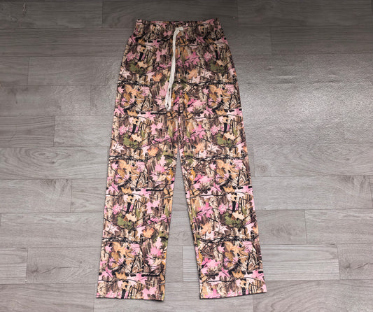 Adult Women Pink Brown Leaves Camo Yoga Active Flare Pants Bottom Preorder