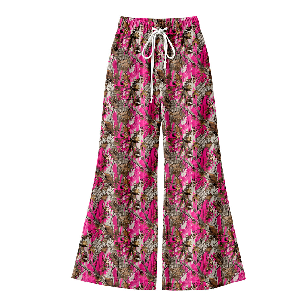 Adult Women Hot Pink Brown Leaves Camo Yoga Active Flare Pants Bottom