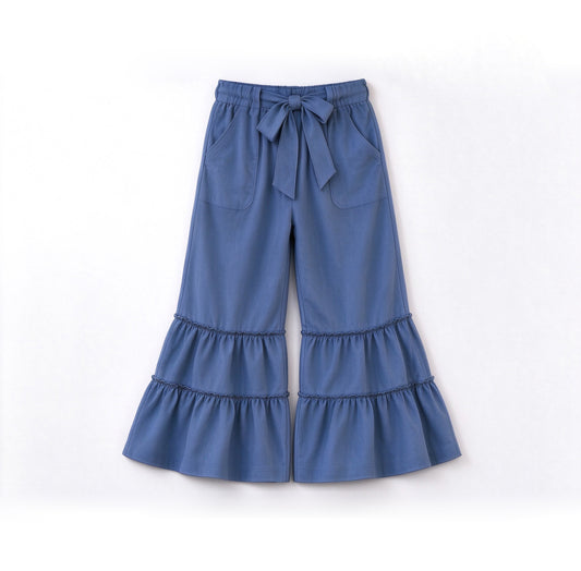 Baby Girls Blue Patchwork Pockets Bell Bottom Pants Preorder