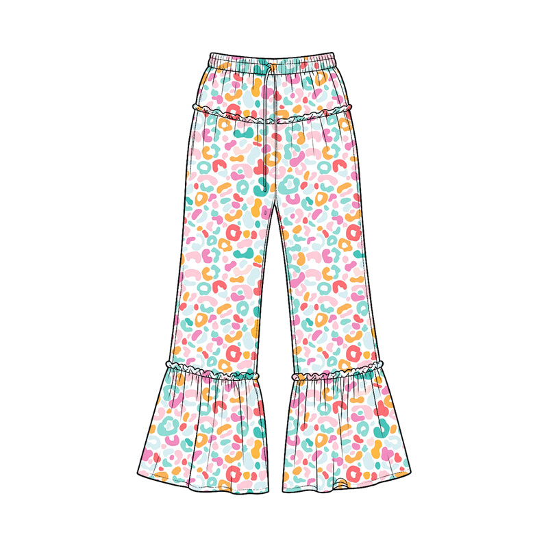 Preorder moq 5 Baby Girls Pink Blue Leopard Ruffle Flare Pants Bottom