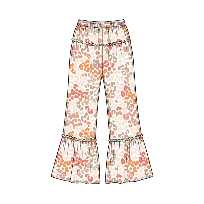 Preorder moq 5 Baby Girls Orange Khaki Leopard Ruffle Flare Pants Bottom