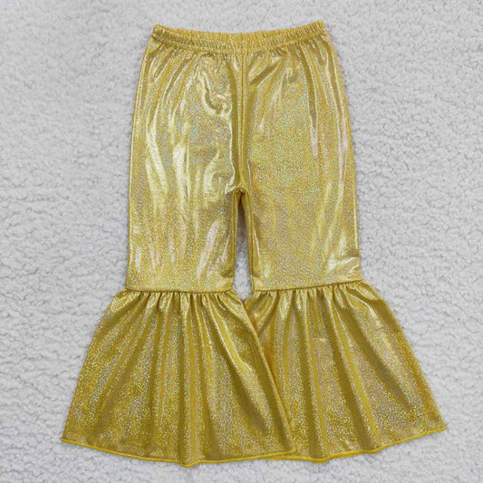 P0182 Baby Girls Yellow Holographic Spandex Bell Bottom Pants
