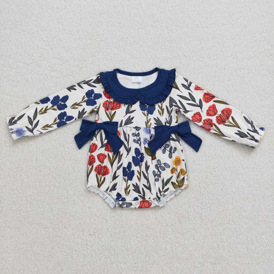 Baby Girls Leaves Bow Navy Long Sleeve Rompers