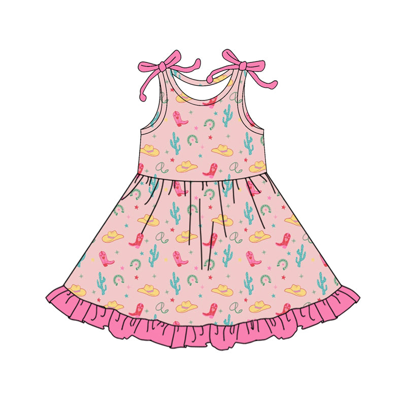 Preorder (moq 5)Baby Girls Bows Sleeveless Cactus Boots Hats Western Ruffle Knee Length Dresses