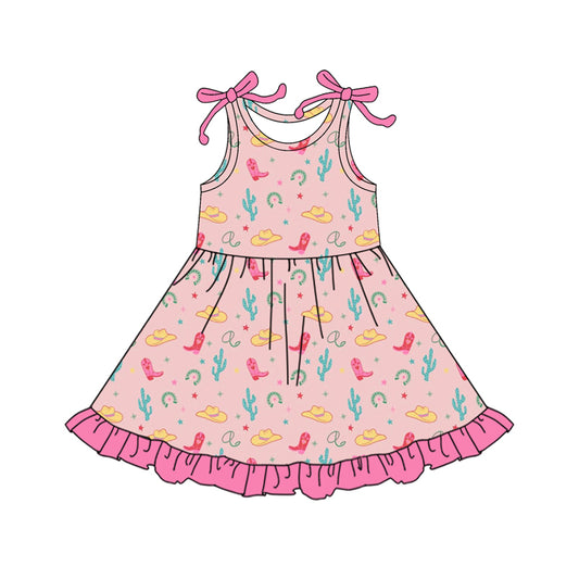 Preorder (moq 5)Baby Girls Bows Sleeveless Cactus Boots Hats Western Ruffle Knee Length Dresses