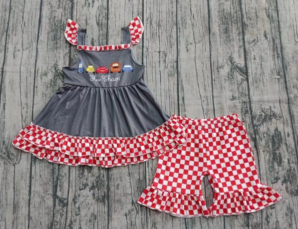 Preorder moq 5 Baby Girls Cartoon Cars Tunic Red Plaid Short Set