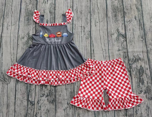 Preorder moq 5 Baby Girls Cartoon Cars Tunic Red Plaid Short Set