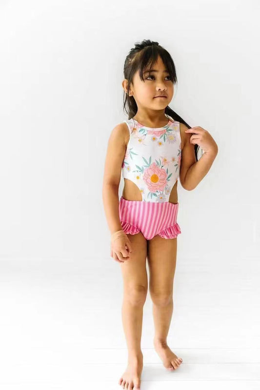 Baby Girls Summer Pink Flowers Stripes One Piece Swimsuits preorder