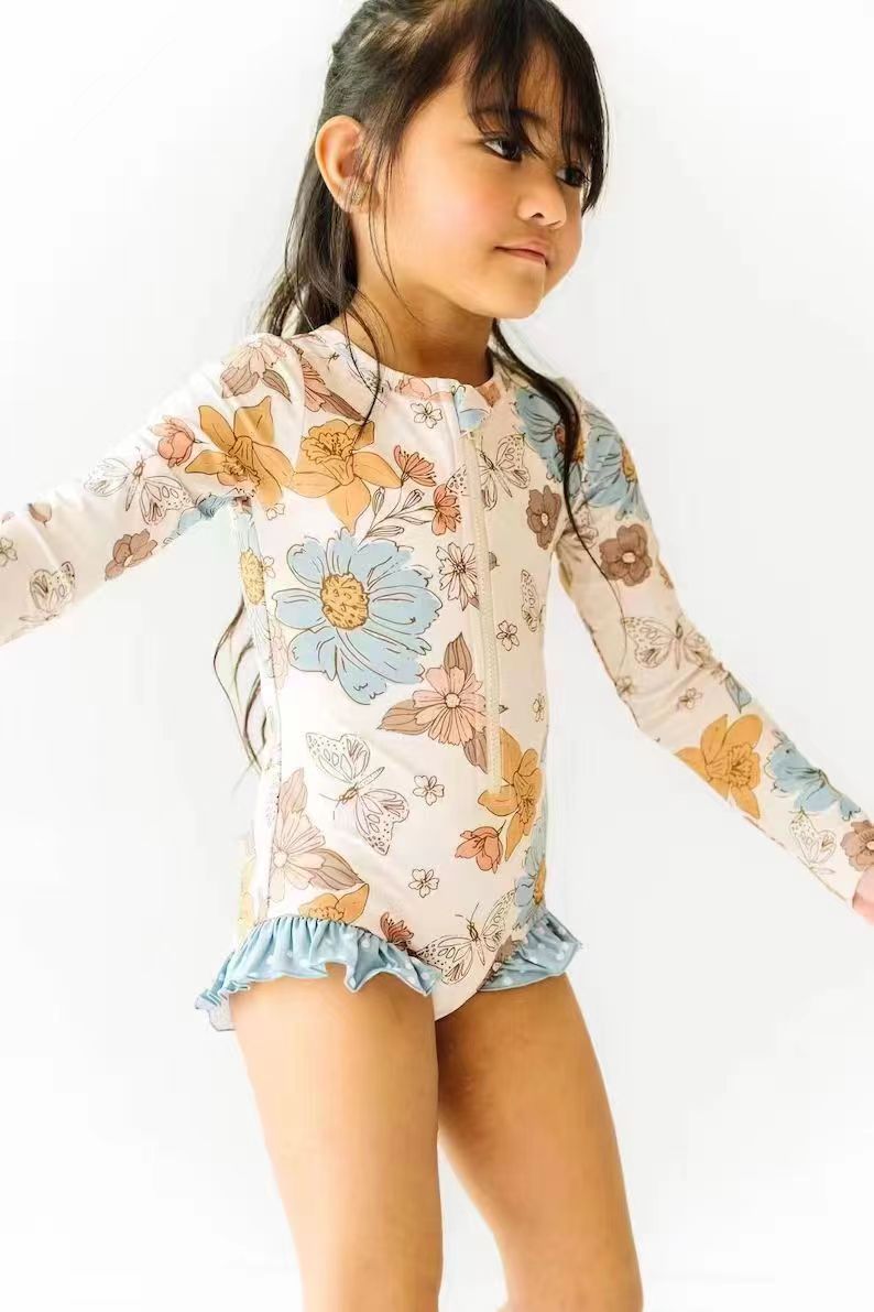 Baby Girls Summer Pink Flowers Butterfly Long Sleeve Swimsuits preorder