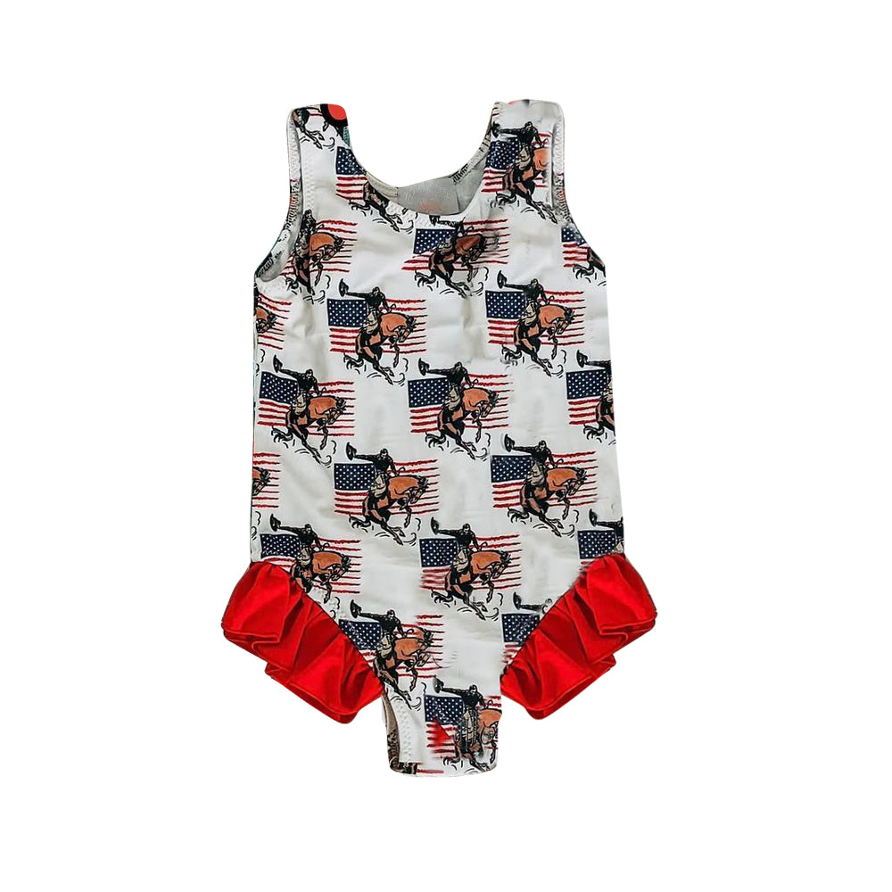 Baby Girls 4th Of July Rodeo Cowboy Western Ruffle One Piece Swimsuits preorder