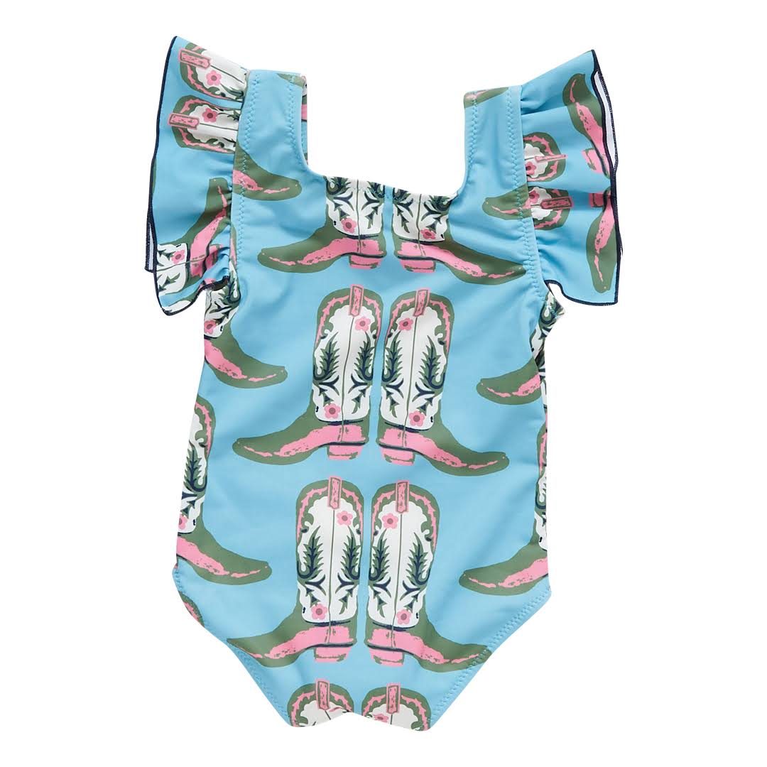 Baby Infant Girls Western Boots Flutter Sleeve  Swimsuits Preorder