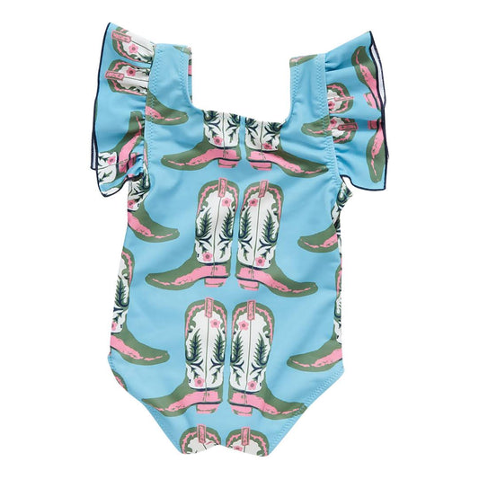 Baby Infant Girls Western Boots Flutter Sleeve  Swimsuits Preorder