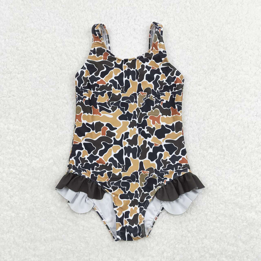 Sibling Baby Girls Strap Western Camo Print Ruffle Swimsuits