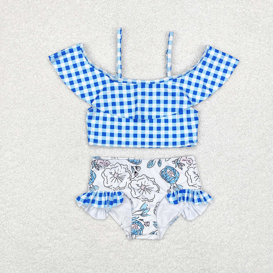 Baby Girls Blue Checkered Top Floral Bummie Two Pieces Swimsuits