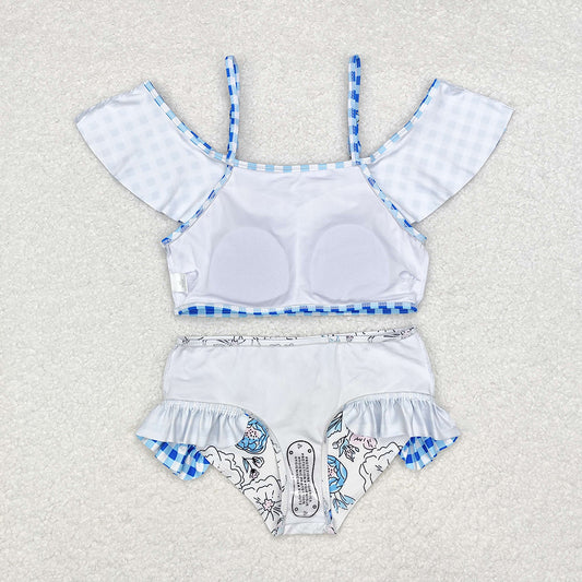 Baby Girls Blue Checkered Top Floral Bummie Two Pieces Swimsuits